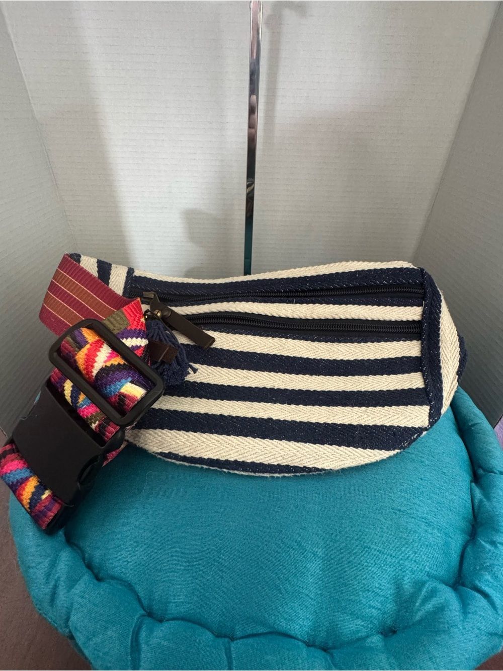 JADEtribe Navy Stripe Belt Bag Colorful Woven Strap Bohemian Festival Bag